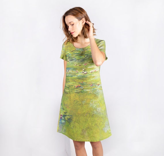 Women dress, Claude Monet, Water Lily Pond, Matcha dress, Chartreuse color dress, wabi sabi, linen dress, linen clothes