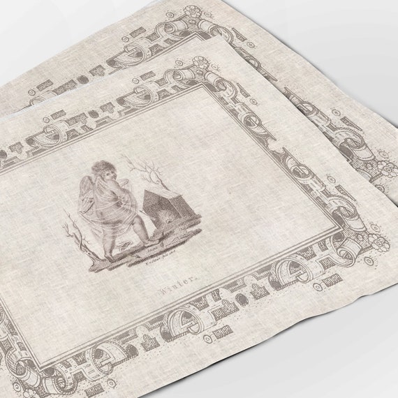 Placemats set, Putto with shawl, Willem van Senus, 1808, linen placemats, 100% linen, linen placemats set, Baroque art