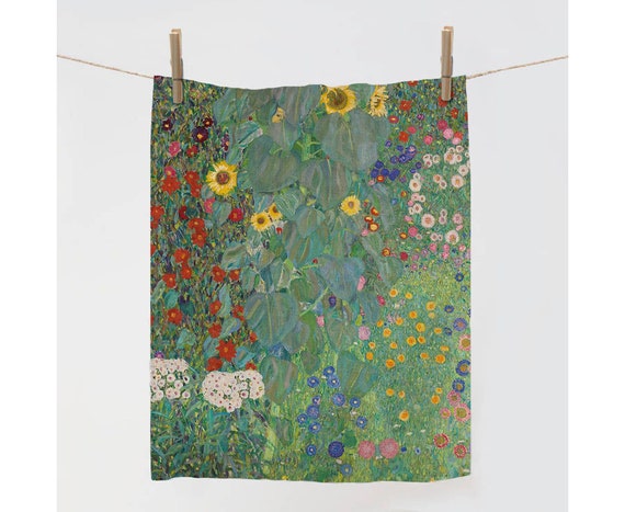 Towel, Gustav Klimt, Garden with sunflowers, Linen towel, dish towel, 100% linen, Sunflowers, kitchen decor