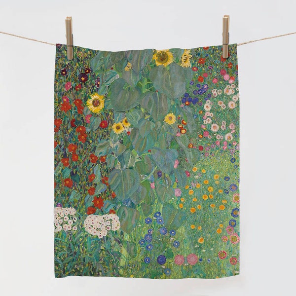 Klimt Sunflowers Linen Tea Towel, Art Nouveau Kitchen Decor
