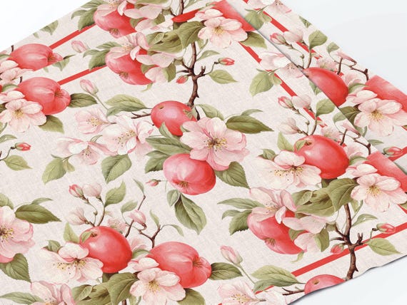 Linen Placemats Set, Red Apple Blossom, Farmhouse Table Deco, 100% European Linen