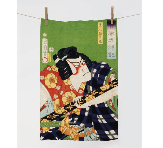 Linen towel, Toyohara Kunichika (1835-1900), Ukyio-e style illustration, Kitchen towel, Japanese towel