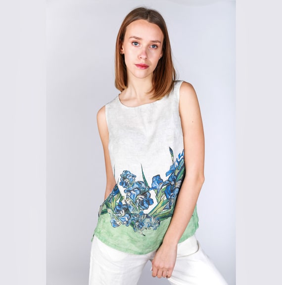 Linen top, Vincent van Gogh, Irises, 1890, women blouse, linen shirt, tank top, 100% linen, blouse, sleeveless shirt, LINENISLOVE