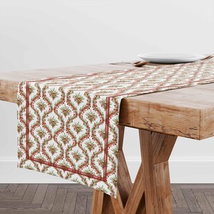Könnte beinhalten: Weißer Tischläufer mit einem sich wiederholenden Muster aus grünen Blättern und roten Beeren, umrahmt von einem roten Rand. Der Läufer liegt auf einem Holztisch, mit einem weißen Teller und einem Holzlöffel.