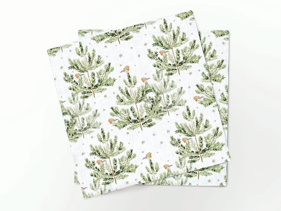 BESTSELLER! Napkins set, Robin Birds On Pine Trees, Holiday linens, Christmas decor, 100% linen