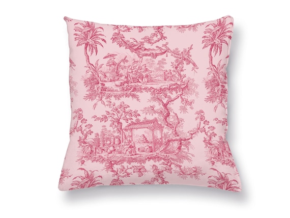 Linen Toile de Jouy Cushion Cover, 18x18 Throw Pillow, Pink Edition