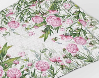 Peony Linen Placemats Set, Floral Table Decor