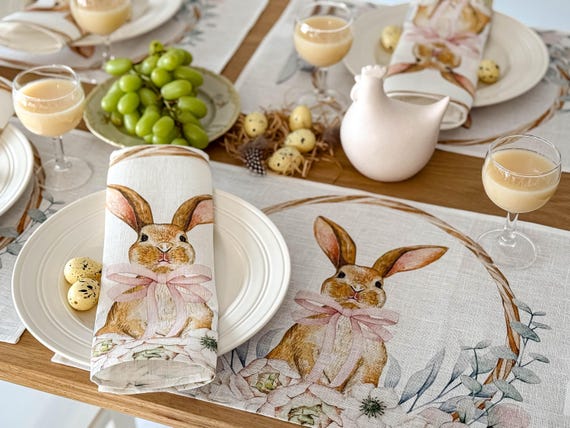 Placemats set, Baby Bunny, Easter placemats, Easter decoration, 100% linen, fabric placemats