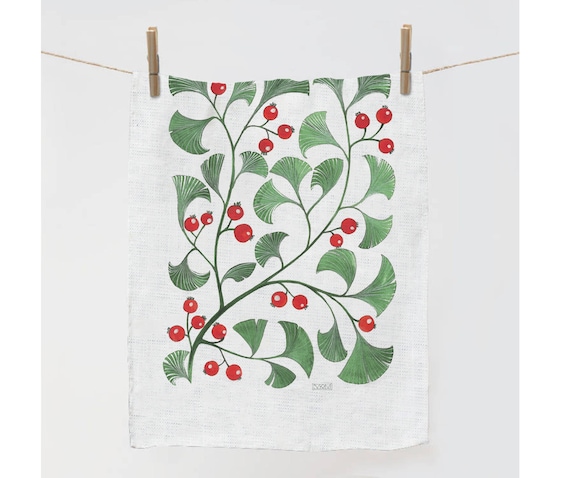 Linen towel, Red Berries, dish towel, 100% linen, linen towel with hook