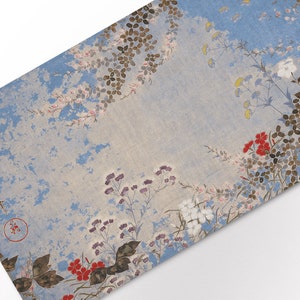 Camino de mesa de lino, flores otoñales japonesas, decoración vintage wabi sabi