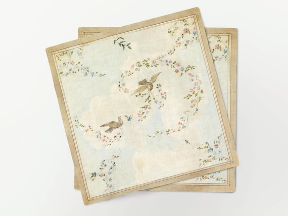 Linen Napkins Set "Doves and Flower Garlands" Housewarming Gift, 100% linen