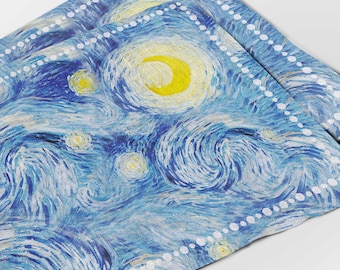 Manteles individuales de lino con la imagen de La noche estrellada de Van Gogh, decoración de mesa rústica