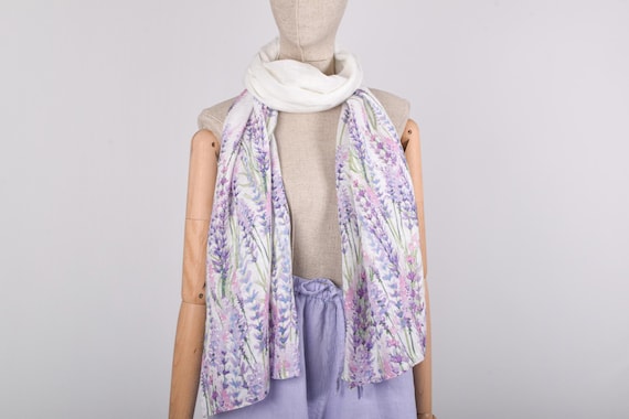 Women Scarf, Lavenders, Linen scarf,  27 x 76", natural linen scarf, 100% linen, hand made in Lithuania