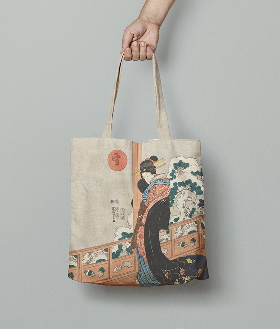 Tote bag, Beauty on a Veranda, Utagawa Kuniyoshi, Japanese art, Utamaro, linen tote, 100% linen