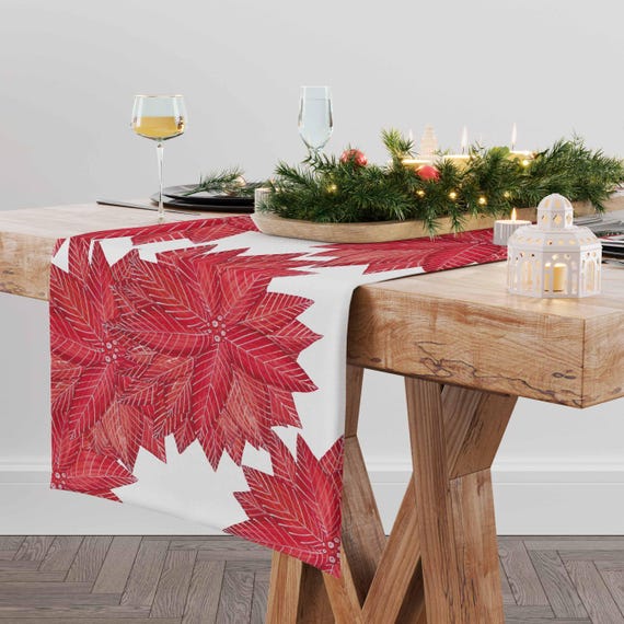 Table runner, Poinsettia, Christmas Flower, linen table runner, Red Christmas flower, Christmas plant, Winter table top