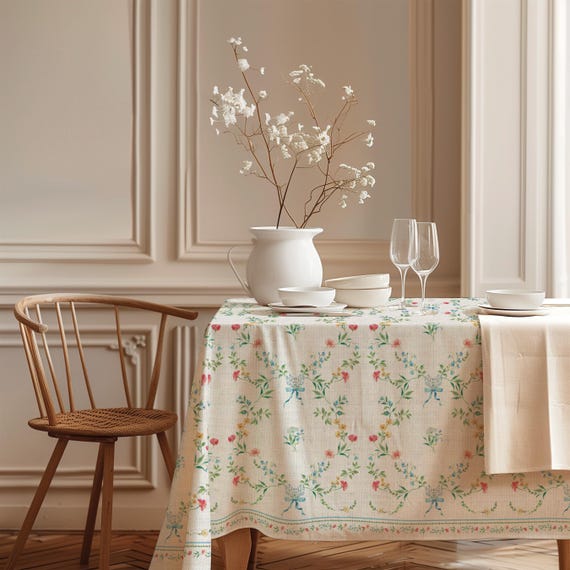 Parisian Romance Floral Linen Tablecloth – Vintage French Garden Kitchen Decor – Elegant Spring & Summer decor