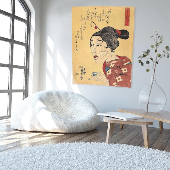 Wall art print, Even though she looks old, she is really young ( 年よりのような若い人だ), linen fabric, 100% linen, fabric tapestry, studio decor