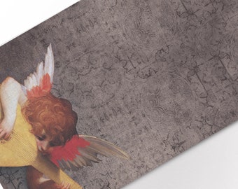 Table runner, Cherub Playing a Lute, Rosso Fiorentino, 100% linen, Putto, linen table runner