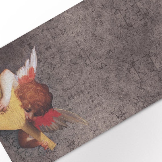 Table runner, Cherub Playing a Lute, Rosso Fiorentino, 100% linen, Putto, linen table runner