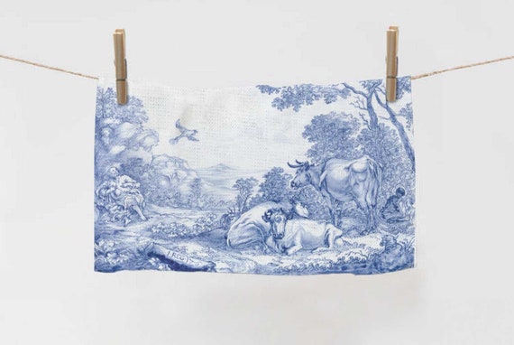 Linen towel, Plaque with Elijah Fed by Ravens, anonymous, 1658, Cows towel, kitchen towel, toile decor, fabric towel