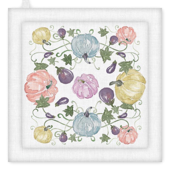 Pot Holder, Watercolor Pumpkins, kitchen accessory, linen pot holder, kitchen decoration