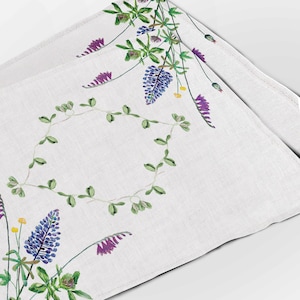 Placemats set (4 or 6), Lupines, 100% linen, linen placemats, white / beige linen, lupines placemats, housewarming gift, easter placemats