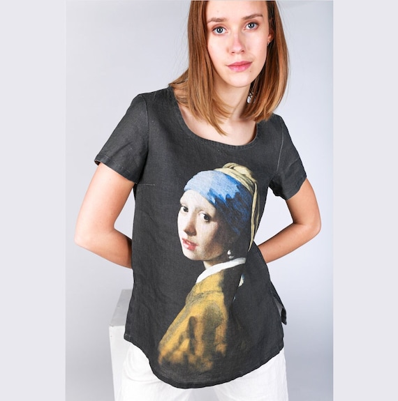 Art shirt, Jan Vermeer, Girl with a Pearl Earring, 100% linen, linen top, summer shirt, short sleeves shirt, black linen shirt