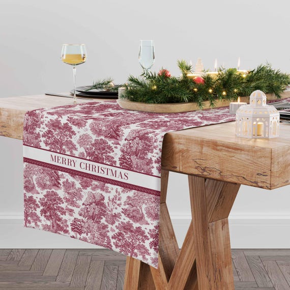 Table runner, Toile Pine, Merry Christmas, Burgundy color, Christmas decorations, Christmas gift, housewarming gift, linens, Holiday decor