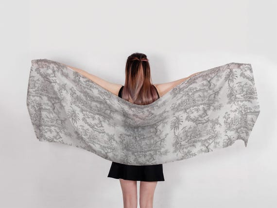 Toile Linen Scarf, Elegant Artistry for Timeless Style, toile de Jouy, Black Edition