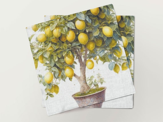 Napkins set,  Lemon Tree in a Pot, linen napkins, 100% linen, floral print, vintage napkins