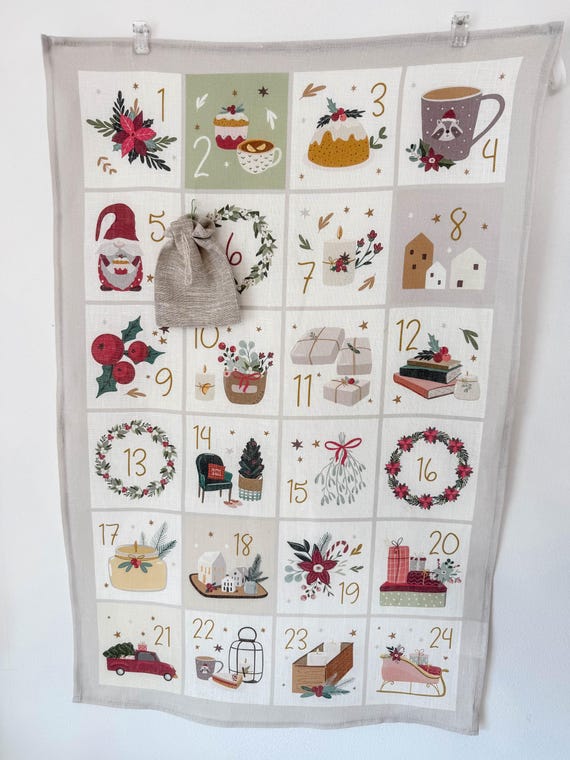 Linen Advent Calendar Tea Towel: Reusable Christmas Countdown Decor