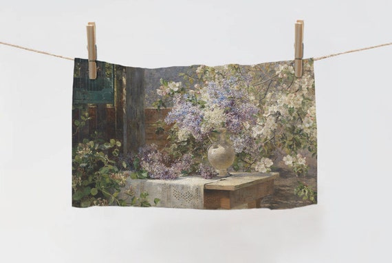 Linen towel, In The Blossoming Bower, Marie Egner, kitchen towel, art print towel, hand towel, dish towel