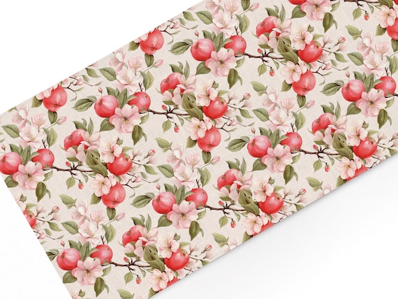 Linen Table Runner, Red Apple Blossom, Farmhouse Table Decor, 100% European Linen