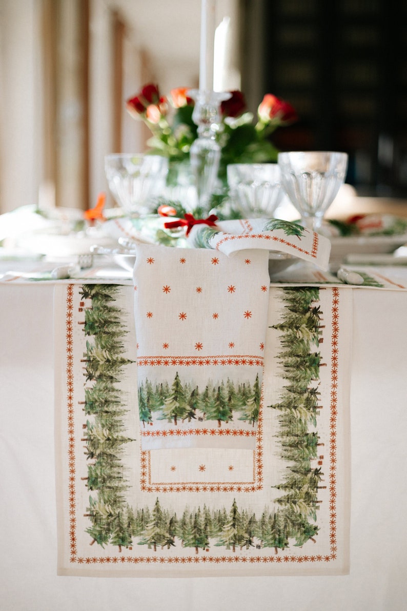 Table runner, Ethno-Festive Fir, Christmas table top, Christmas decor, Holiday table linens, 100% linen, linen table runner image 1