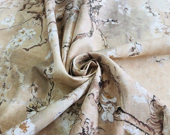 Almond Blossom Linen Fabric by the Yard, Van Gogh Style
