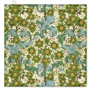 May include: A square fabric with a repeating pattern of green floral elements, including stylized flowers and leaves, with yellow centers and blue-green foliage, set against a cream background.