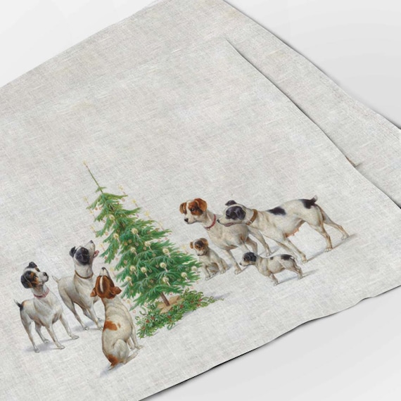 Placemats set, Christmas, Carl Reichert (Austrian, 1836-1918), linen placemats, Christmas placemats, dog prints