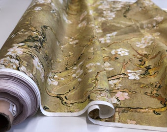 Almond Blossom Linen Fabric by Vincent van Gogh, Camel Gold