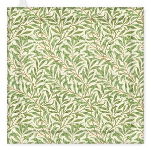 May include: Square, off-white kitchen towel with a repeating pattern of green willow branches and leaves. The leaves are detailed with varying shades of green and brown stems. The towel has a loop for hanging.