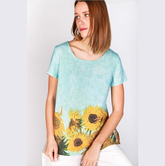 Linen top, Sunflowers, Van Gogh, Blue Yellow shirt, Linen blouse, linen shirt, linen summer blouse, linen top with sleeves