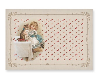 Placemats set, Girl and a Cat, Children books illustrations, Vintage print, 100% linen, linen placemats