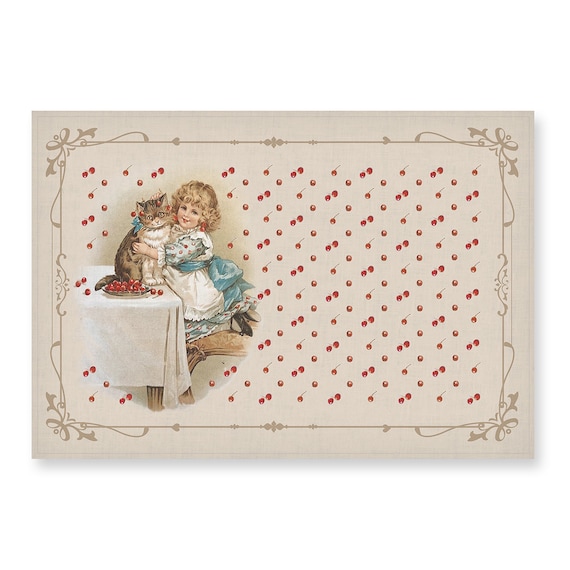 Placemats set, Girl and a Cat, Children books illustrations, Vintage print, 100% linen, linen placemats