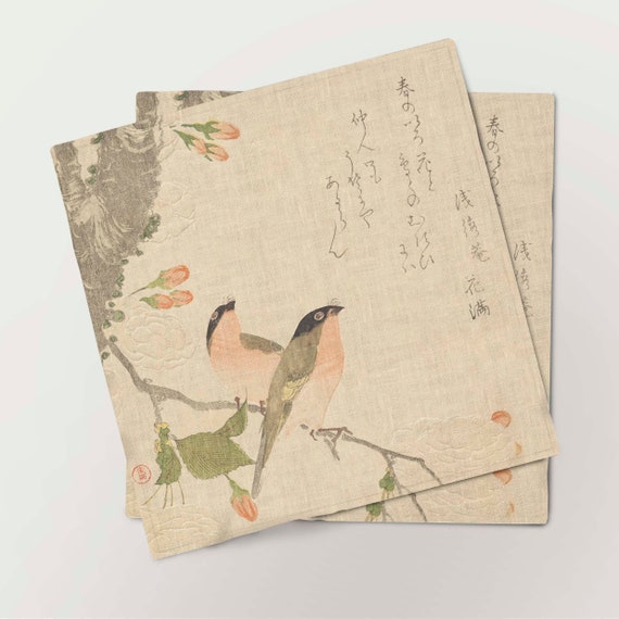 Linen napkins, Two Bullfinches on a Double-Petalled Cherry Tree,  Uso ni Yae-zakura, mid-1810s , fabric napkins, 100% linen