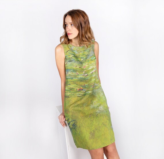 Women dress, Claude Monet, Water Lily Pond, Yellow green dress, Chartreuse color dress, wabi sabi dress, linen dress, linen clothes