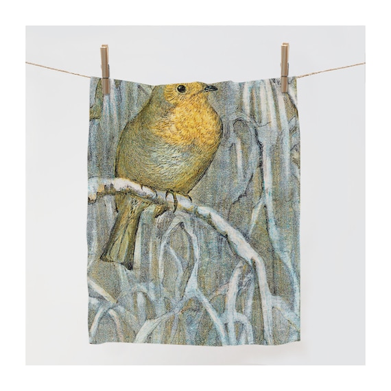 Christmas towel, Winter bird, kitchen towel, linen towel, 100% linen, Christmas gif, dish towel with print