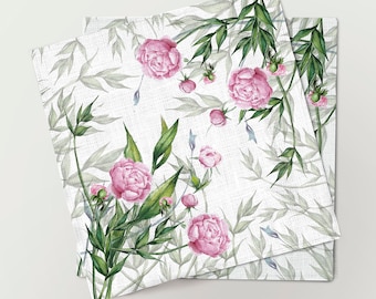 Peonies Linen Napkins Set, Floral Table Decor
