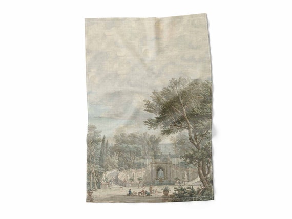 Linen towel, View of the Garden of Villa d’Este in Tivoli, Isaac de Moucheron, c. 1725, kitchen towel, toile decor, fabric towel