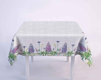 Linen tablecloth, farmhouse decor, lupines, rectangle tablecloth, 100% linen fabric