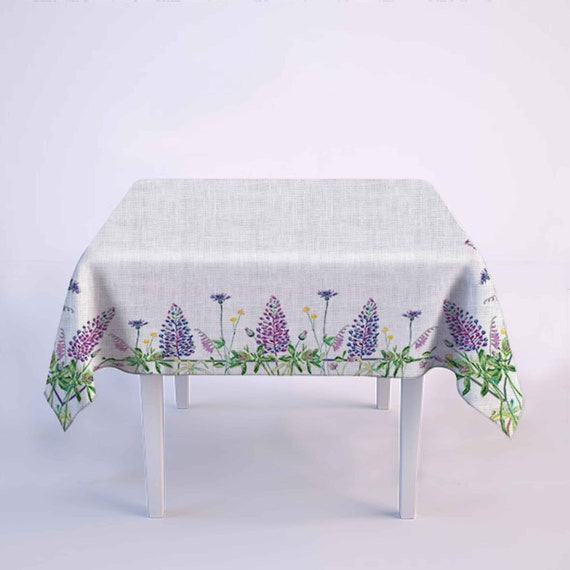 Linen tablecloth, farmhouse decor, lupines, rectangle tablecloth, 100% linen fabric