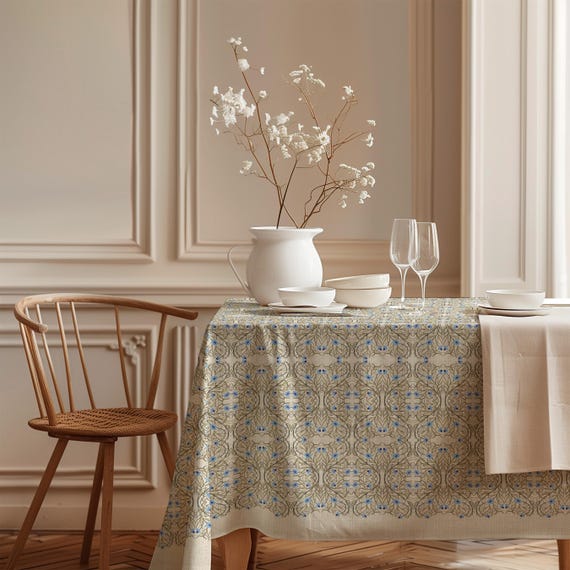 Linen tablecloth, De Morgan Tile Design, Blue Edition, 100% linen